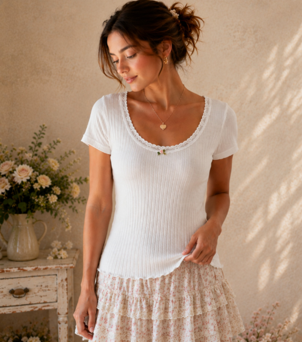 Abound White Ribbed Lace Trim Pointelle Scoop Neck Top Sz M Cottagecore Romantic